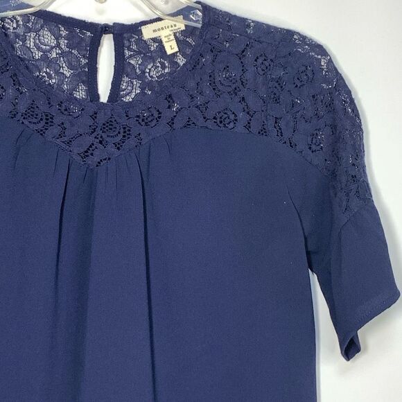 Monteau Women's Lace Shoulder Keyhole Short Sleeve Blouse Blue Size Small - Picture 4 of 6